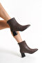 Women's Brown Stretch Faux Leather Zippered Pointed Toe 6 cm Heeled Orthopedic Winter Boots - 6
