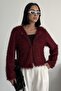 Collarless Imported Tasseled Burgundy Fur Coat - 4