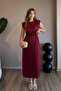 Waist Detailed Pleated Burgundy Midi Dress