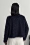 Collarless Imported Tasseled Navy Blue Fur Coat - 7