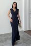 Women's Navy Blue Scuba Diver Fabric Double Breasted Collar Skirt with Flounces Evening Dress Graduation Wedding Dress - 2