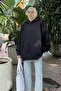 Hooded 3-Thread Kangaroo Pocket Ribbed Elastic Waist Sweatshirt Navy Blue - 3
