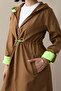 Neon Trench with Drawstring Waist Hooded - Tan \ Green - 2