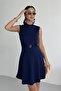 Crew Neck Belt Accessory Navy Blue Dress - 4