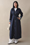 Lined Stripe Pattern Trench Coat - Navy Blue