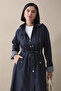Lined Stripe Pattern Trench Coat - Navy Blue - 3