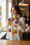 Hand Knitted Rose Motif Bohemian Crochet Scarf & Fingerless Gloves Set