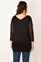 Women's Plus Size Black Sleeves Tulle and Sequin Detailed V-Neck Blouse 65n32250 - 4