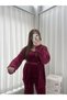 Burgundy Velvet Women's Pajamas Set with Dressing Gown - 3