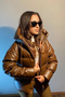 Women's Brown Leather Hooded Puffer Coat - 2