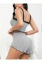 Ribbed Soft Textured Pajamas, Lace Suspender Bow Detail Shorts Pajama Set - 3
