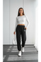 High Waisted Black Jogger Sweatpants with Fleece Inside, Pockets and Print Detail - 2