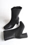 Women's Black Leather Blunt Toe Heeled Boots - 5
