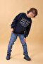 Unisex Children's Crew Neck Sweatshirt with Print Detail and Fleece Inside – Navy Blue - 3