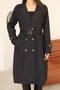 Women's Navy Blue Buttoned Water-Repellent Belted Sleeve Belted Trench Coat - 2