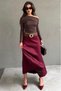 Burgundy Pleated Belted Long Suede Women's Skirt Mg2576 - 8