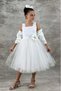 Girl's Square Neck Zero Sleeve Skirt Tulle Fluffy Satin Oversleeve Detailed White Evening Dress - 3