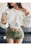 Women's Balloon Sleeve Ribbed Boat Neck Crop Sweatshirt - 2