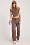 Women's Slim Fit Tight-Fitting Half Turtleneck Short Sleeve Brown Blouse - 4