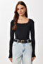 Lace Detailed Ribbed Knitted Blouse Len0046 Black - 2