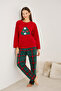 Red Christmas-Themed Embroidered Plaid Fleece Winter Knitted Pajama Set - 2