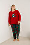 Red Christmas-Themed Embroidered Plaid Plus Size Fleece Winter Knitted Pajama Set - 2