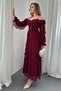 Burgundy Shoulder Detail Lined Ruffled Chiffon Dress - 3