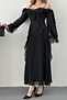 Black Shoulder Detail Lined Ruffled Chiffon Dress - 3