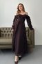 Brown Shoulder Detailed Lined Ruffled Chiffon Dress - 2