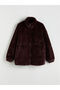 Burgundy Stand Collar Women's Plush Coat - 6