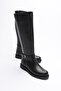 Women's Leather Boots with Zipper Platinum Buckle Black Reva