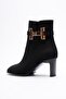 Women's Suede Heeled Boots 6.5 cm Zippered Gold Buckle Black Hermina - 4