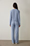 Light Blue Dahlia Crew Neck Long Sleeve Thermal Effect Pajama Set - 4