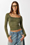 Long Sleeve Seamless Knitted Blouse Lub0256 Khaki - 4