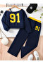 Girl's 91 Printed Navy Blue-Yellow Boat Neck Sweat Tracksuit Set