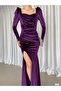 Square Neck Slit Velvet Evening Dress 582318 Mürdüm