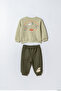 Boys' Cotton Green Sweatshirt and Dog Embroidered Sweatpants Two-Piece Set