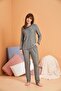 Women's V-Neck Edges Black Lace Detailed Long Sleeve Pajama Set Soft Viscose Fabric - 2