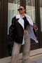 Women's Coat with Fur Inside, Laminated Double-Breasted, Zippered Pockets, Oversize Jacket - 3