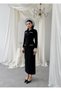 Black Mock Neck Pearl and Bow Detail Midi Length Premium Tweed Dress - 3