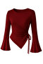 Burgundy Crew Neck Draped Detail Bell Sleeve Modest-Compatible Top Blouse - 2