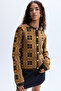 Women's Brown Jacquard Plaid Crew Neck Cardigan