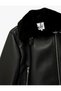 Long Sleeve Leather Look Faux Fur Collar Biker Jacket - 3