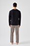 Men's Cotton Long Sleeve Top Astronaut Printed Lower Stripe Pajamas Set - 3