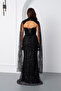 Women's Black Slim Fit Shawl Long Sleeve Mock Neck Beaded Evening Dress - 6