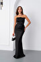 Women's Black Tight Fit Strapless Long Satin Promise Engagement Evening Dress