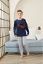 Boy's Printed Detail Long Navy Blue Pajama Set