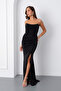 Women's Black Strappy Glitter Knitted Evening Dress - 2