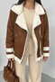 Women's Suede Coat Oversized Fur Lined Zippered Pocket Sleeve Detail Jacket Collar Winter Coat - 7
