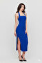 Women's Neck Tie Square Neck Slit Midi Dress